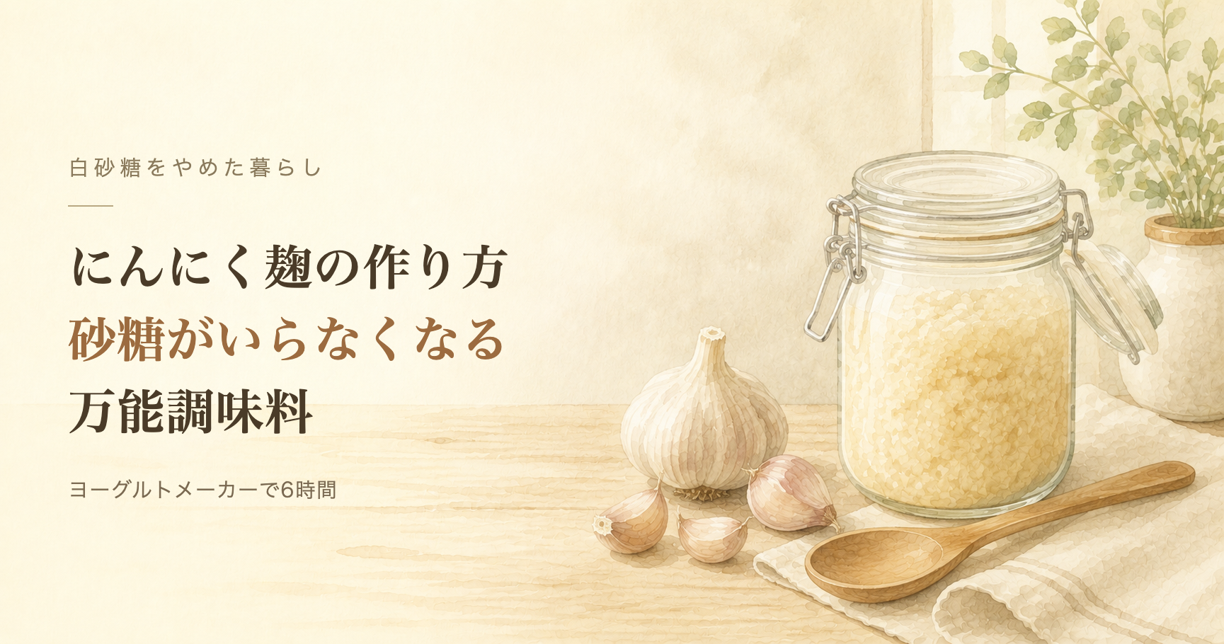 ガラス瓶に入ったにんにく麹と、皮つきのにんにく、木のスプーン